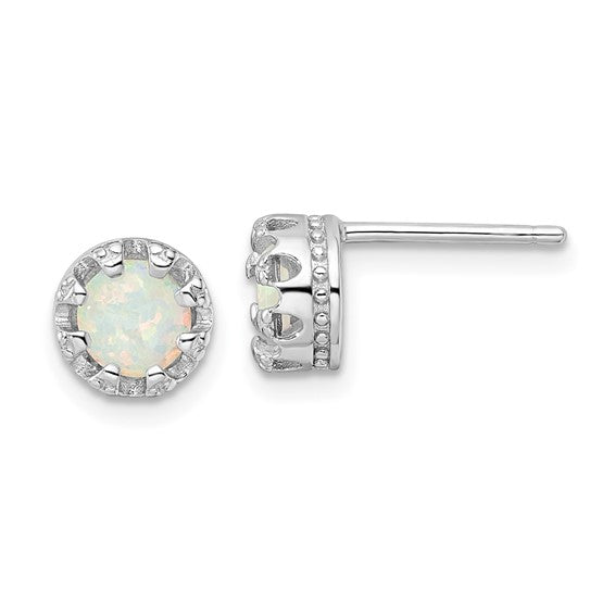 Sterling Silver White Gold Plated Lab Created White Opal Stud Earrings