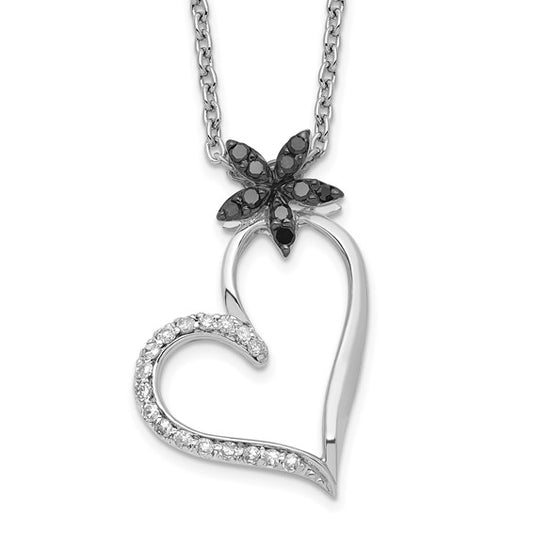 White Night White Gold Filled Sterling Silver Black & White Diamond Heart & Flower Chain & Pendant Set