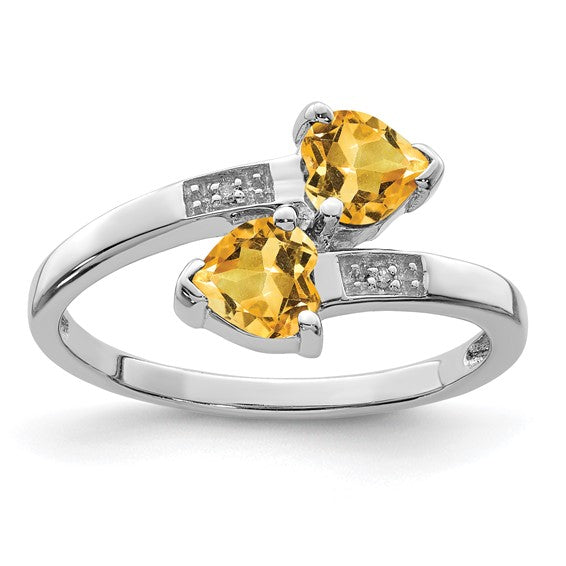 Sterling Silver White Gold Natural Citrine & Diamond Heart Stone Ring