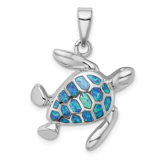 Sterling Silver White Gold Plated Turtle Inlay With Lab Created Blue Opal Pendant