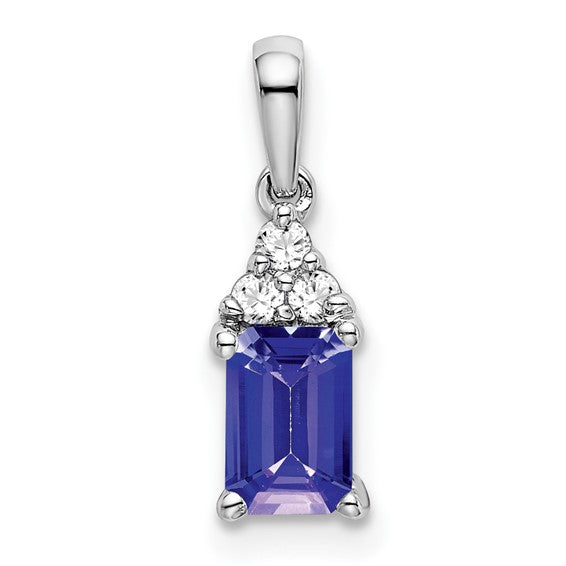 14K White Gold Emerald Cut Natural Tanzanite & Diamond Pendant