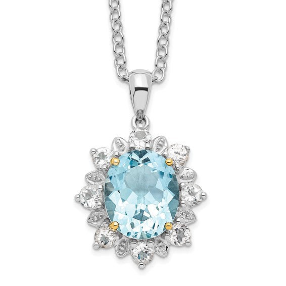 White Gold Filled Sterling Silver Oval Blue Topaz & White Topaz Halo Necklace Set