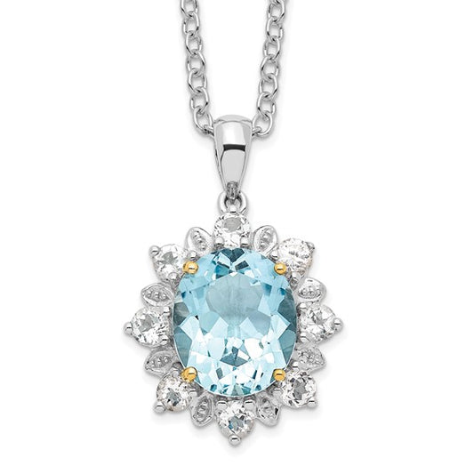 White Gold Filled Sterling Silver Oval Blue Topaz & White Topaz Halo Necklace Set