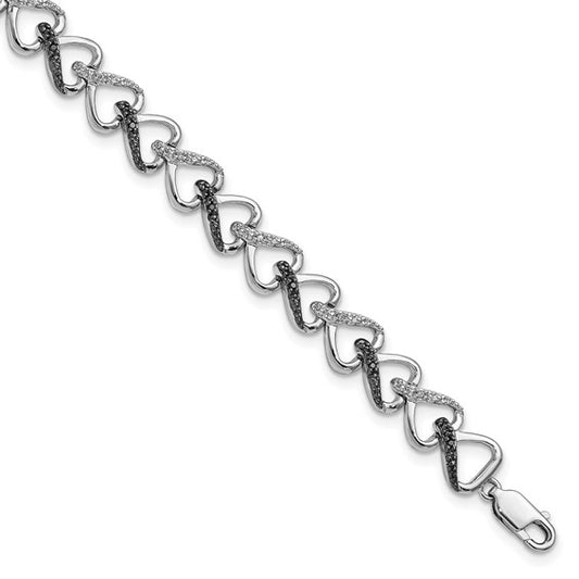 White Night White Gold Filled Sterling Silver Black & White Diamond Heart Bracelet