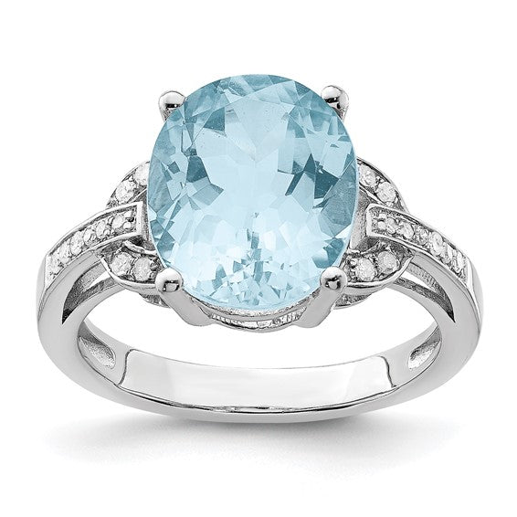 White Gold Filled Sterling Silver 6 Carat Blue Topaz Oval Ring With Diamond Accent