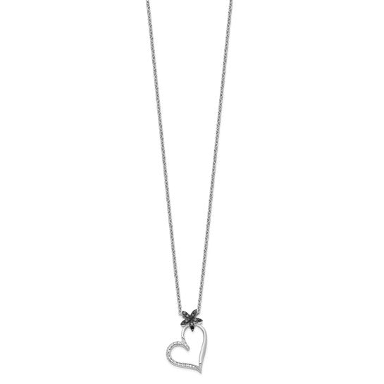 White Night White Gold Filled Sterling Silver Black & White Diamond Heart & Flower Chain & Pendant Set