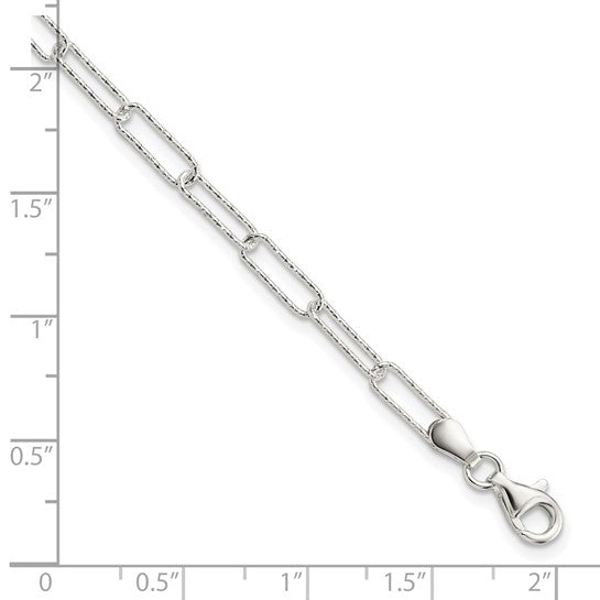 White Gold Filled Sterling Silver Diamond Cut Textured Paperclip Bracelet