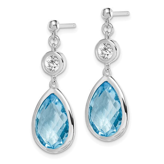 White Gold Filled Sterling Silver 7 Carat Tear Drop White & Blue Topaz Dangle Earrings