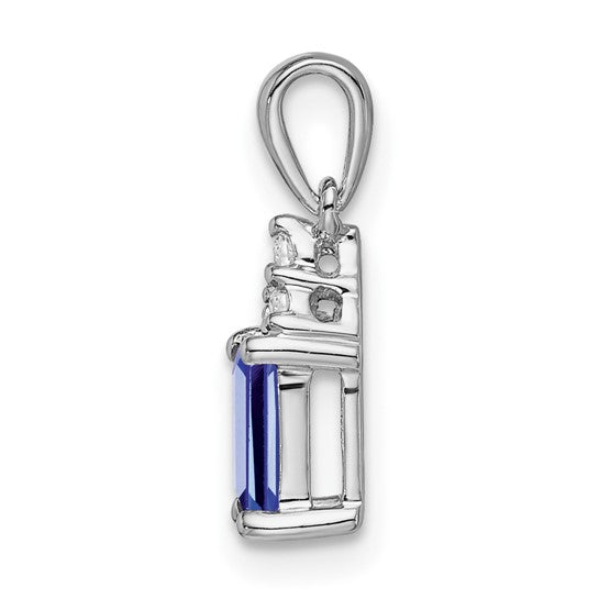 14K White Gold Emerald Cut Natural Tanzanite & Diamond Pendant