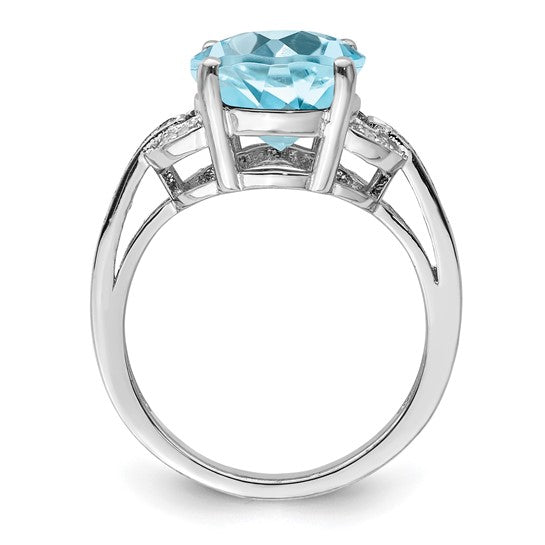 White Gold Filled Sterling Silver 6 Carat Blue Topaz Oval Ring With Diamond Accent