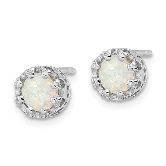 Sterling Silver White Gold Plated Lab Created White Opal Stud Earrings