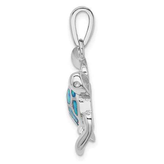 Sterling Silver White Gold Plated Turtle Inlay With Lab Created Blue Opal Pendant