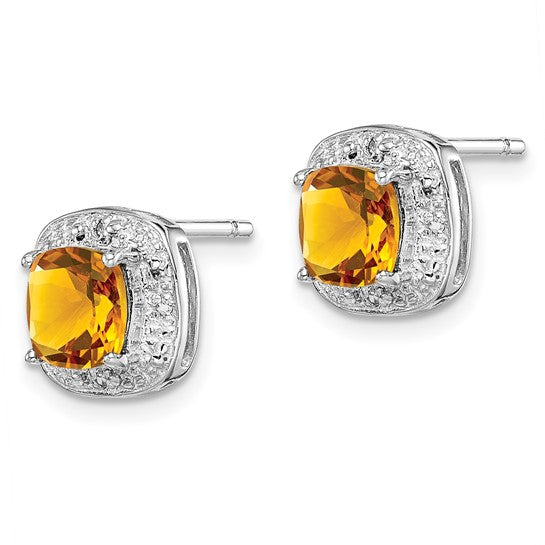 Sterling Silver White Gold Plated Natural Citrine & Diamond Square Halo Earrings