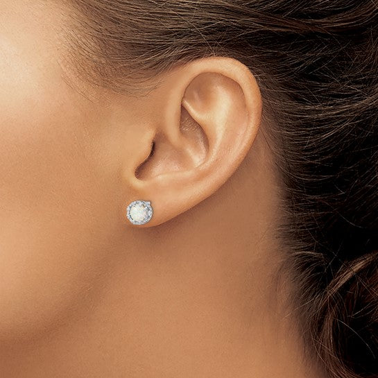 Sterling Silver White Gold Plated Lab Created White Opal Stud Earrings