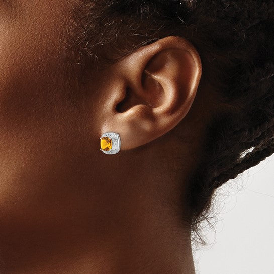 Sterling Silver White Gold Plated Natural Citrine & Diamond Square Halo Earrings