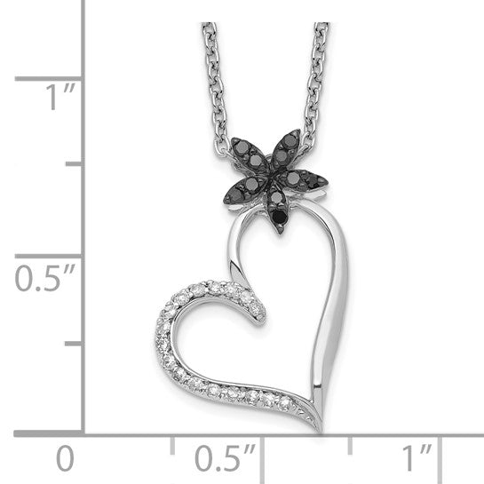 White Night White Gold Filled Sterling Silver Black & White Diamond Heart & Flower Chain & Pendant Set