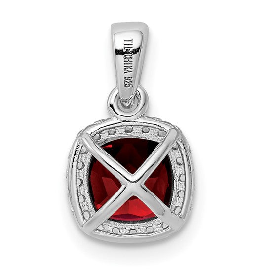 Sterling Silver 1 Carat Cushion Cut Garnet & White Sapphire Halo Pendant