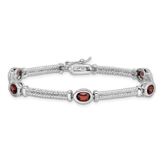 Sterling Silver White Goal Rope Style Natural Garnet Bracelet