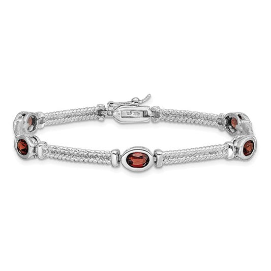 Sterling Silver White Goal Rope Style Natural Garnet Bracelet