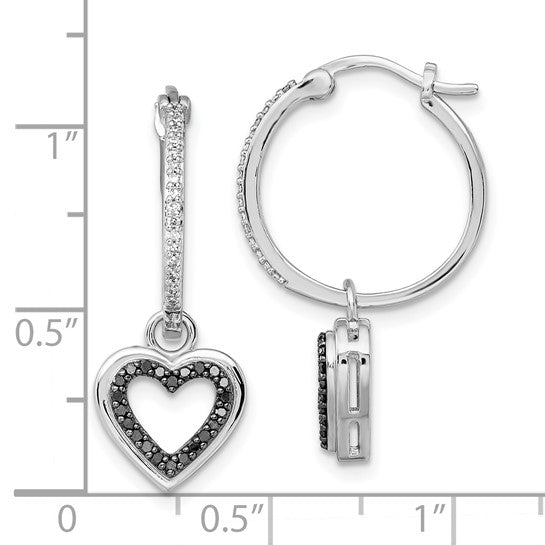 White Night White Gold Filled Sterling Silver Black & White Diamond Dangle Heart Earrings