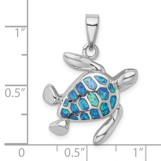 Sterling Silver White Gold Plated Turtle Inlay With Lab Created Blue Opal Pendant