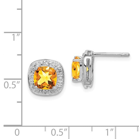 Sterling Silver White Gold Plated Natural Citrine & Diamond Square Halo Earrings