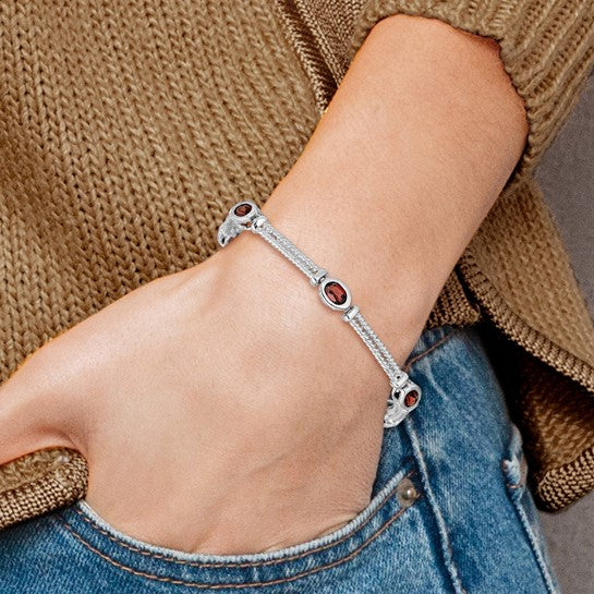 Sterling Silver White Goal Rope Style Natural Garnet Bracelet