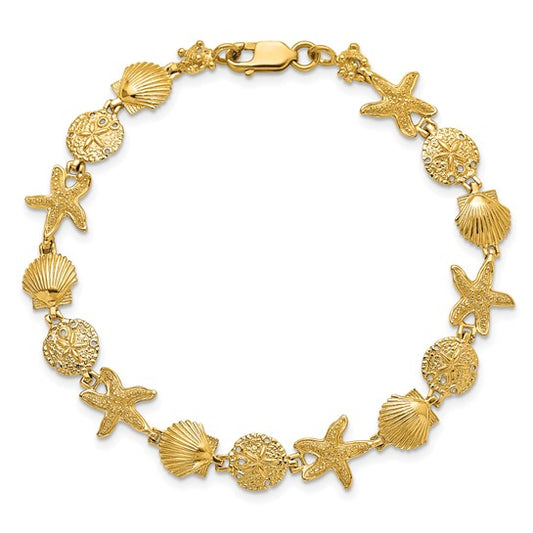 14K Yellow Gold Star Fish, Sand Dollar, & Sea Shell Bracelet