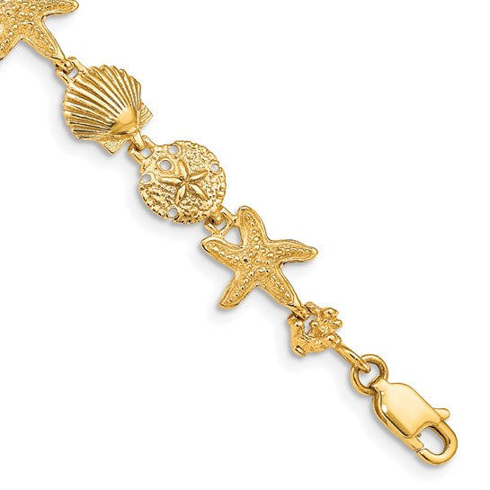 14K Yellow Gold Star Fish, Sand Dollar, & Sea Shell Bracelet