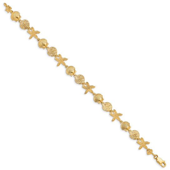 14K Yellow Gold Star Fish, Sand Dollar, & Sea Shell Bracelet
