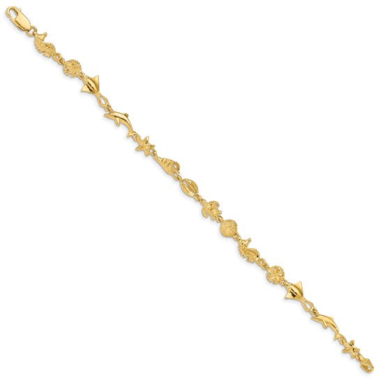 14K Yellow Gold Sea Horse, Stingray, Sea Shell, Dolphin, Turtle, & Sand Dollar Bracelet