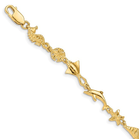 14K Yellow Gold Sea Horse, Stingray, Sea Shell, Dolphin, Turtle, & Sand Dollar Bracelet