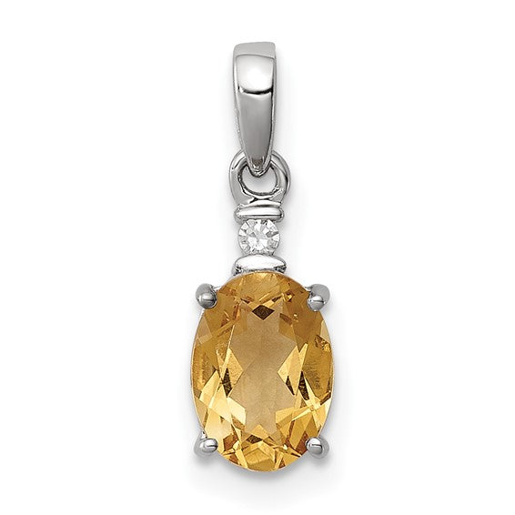 Sterling Silver White Gold Plated Oval Natural Citrine & Diamond Pendant