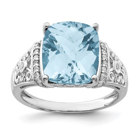 White Gold Filled Sterling Silver 7 Carat Square Blue Topaz & Diamond Ring