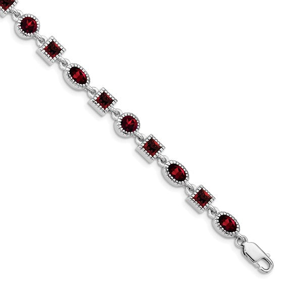 Sterling Silver White Gold 3 Shape Natural Garnet Bezel Bracelet