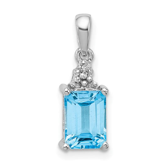 White Gold Filled Sterling Silver Emerald Cut Blue Topaz & Diamond Pendant