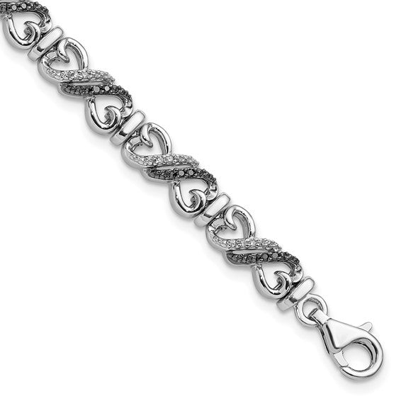 White Night White Gold Filled Sterling Silver Black & White Diamond Infinity Heart Bracelet