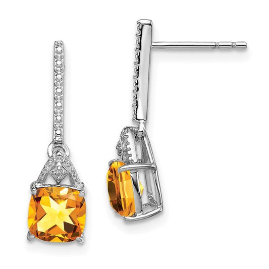 Sterling Silver White Gold Plated Square Natural Citrine & Diamond Dangle Earrings