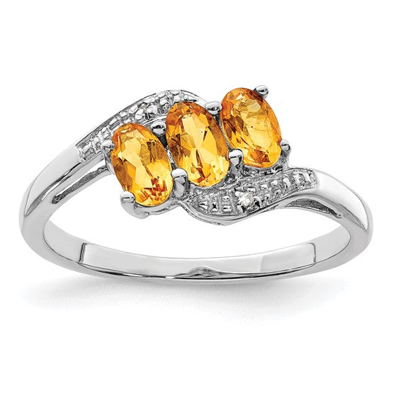 Sterling Silver White Gold Plated Natural Citrine & Diamond 3 Stone Ring