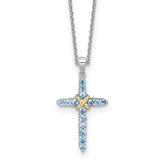White Gold Filled Sterling Silver Blue Topaz Two Tone Cross & Chain