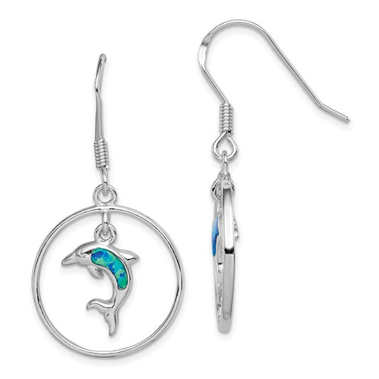 Sterling Silver White Gold Plated Dolphin Hoop Earrings Inlayed With Lab Created Blue Opal