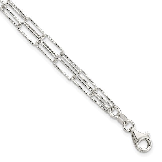 White Gold Filled Sterling Silver Diamond Cut Textured Double Paperclip Bracelet