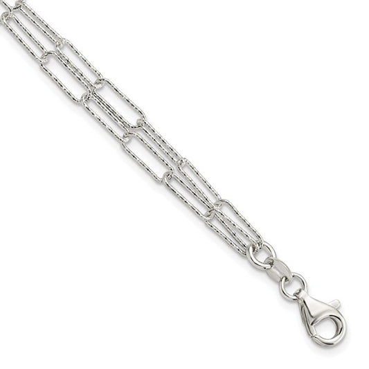 White Gold Filled Sterling Silver Diamond Cut Textured Double Paperclip Bracelet