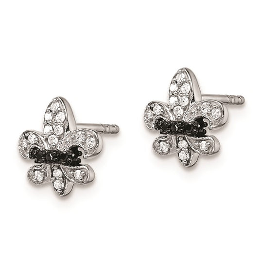 White Night White Gold Filled Sterling Silver Black & White Diamond Fleur De Lis Earrings