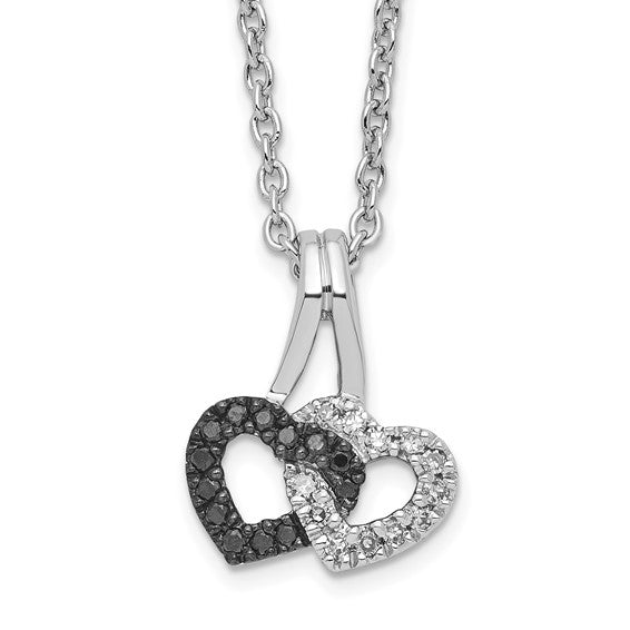 White Night White Gold Filled Sterling Silver Black & White Diamond Interlocking Hearts Chain & Pendant Set