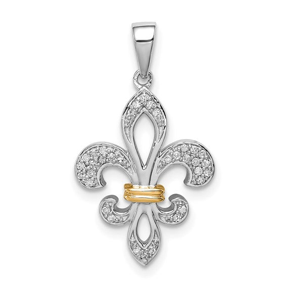 White Gold Filled Sterling Silver Two Tone Fleur De Lis Pendant