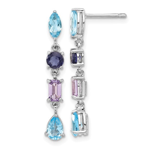 White Gold Filled Sterling Silver Multi Gemstone Topaz & Amethyst Dangle Earrings