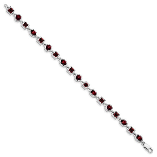 Sterling Silver White Gold 3 Shape Natural Garnet Bezel Bracelet