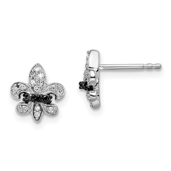 White Night White Gold Filled Sterling Silver Black & White Diamond Fleur De Lis Earrings
