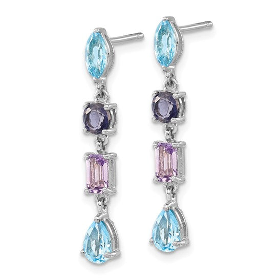 White Gold Filled Sterling Silver Multi Gemstone Topaz & Amethyst Dangle Earrings
